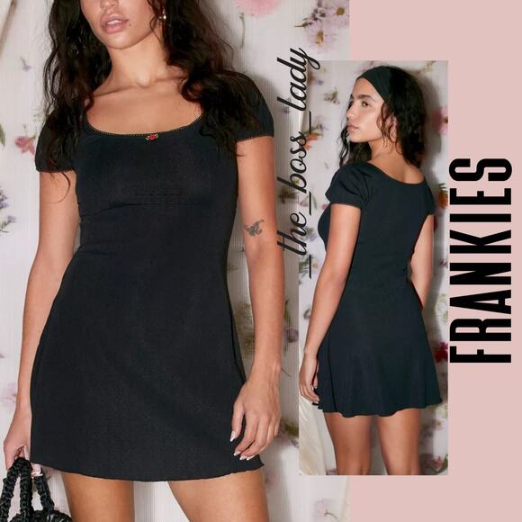 Frankies Bikini mini dress stretchy bodycon square neck pointelle Small black - Picture 1 of 8